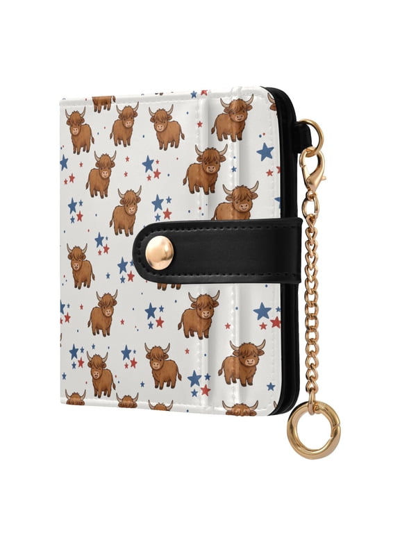 Highland Cow Star Small Wallet for Women RFID Blocking Bifold PU Leather Credit Card Holder with Zipper Coin Pocket Compact Cute Travel Purse Magnetic Snap 7 Card Slots