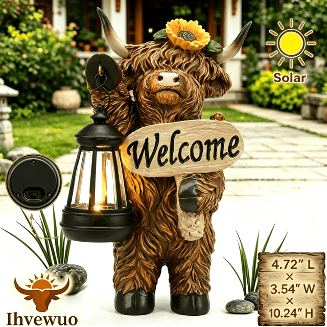 Solar Statue Highland Cow Statue Solar Garden Decor, 10.24-Inch Weatherproof Resin ...