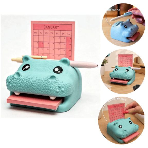 Highland Cow Sticky Note Holder – Cute Desk Organizer with Pen Rest – 3D Printed Memo Pad Dispenser for Office and Student (Hippos)