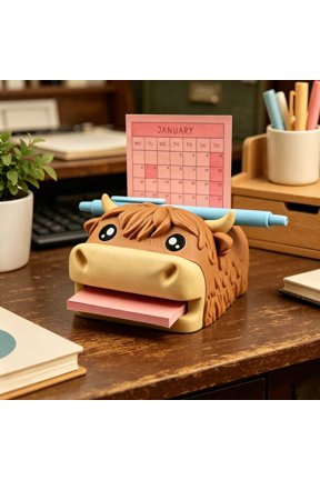Highland Cow Sticky Note Holder Desk Organizer 3D Printed Pen Rest Office Accessory for Cow Lovers Students Workers,One Size,Brown