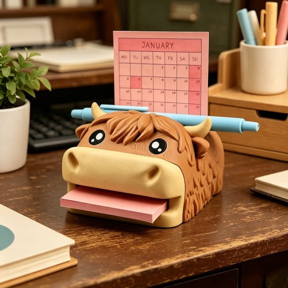 Highland Cow Sticky Note Holder Desk Organizer 3D Printed Pen Rest Office Accessory for Cow Lovers Students Workers