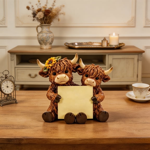 Highland Cow Sticky Note Holder, Desk Organizer, Cute Decorative Desktop Ornament Resin Craft Table Storage Clip Photo Card Stand, Pen Rest, Office Accessory, Home Desk Shelf Display Gift