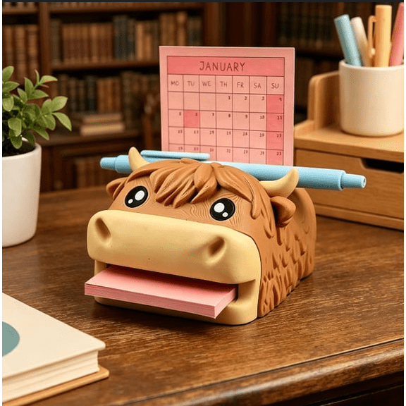 Highland Cow Sticky Note Stand with Stencil Storage, Pen Rest & Picture Slot – Cute Desk Memo Dispenser Compatible with Standard Post-It Notes – Fun Workspace Accessory (Highland Cow)