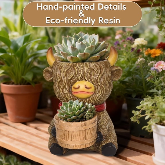 Highland Cow Succulent Planter Decor - Cute Resin Flower Pot for Indoor Plants(Drainage Hole and 2 Pots), Home Desk Decor, Best Gift for Plant Lovers, Garden Backyard Cow Stuff Statue, 6.5H x 5.5W
