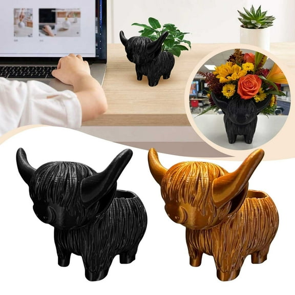 Highland Cow Succulent Planter Pot, 5In Resin Cute Funny Pots Cactus Flower Container, Cow Planter for Indoor Garden Home Decor Highland Cow Gifts (Black)
