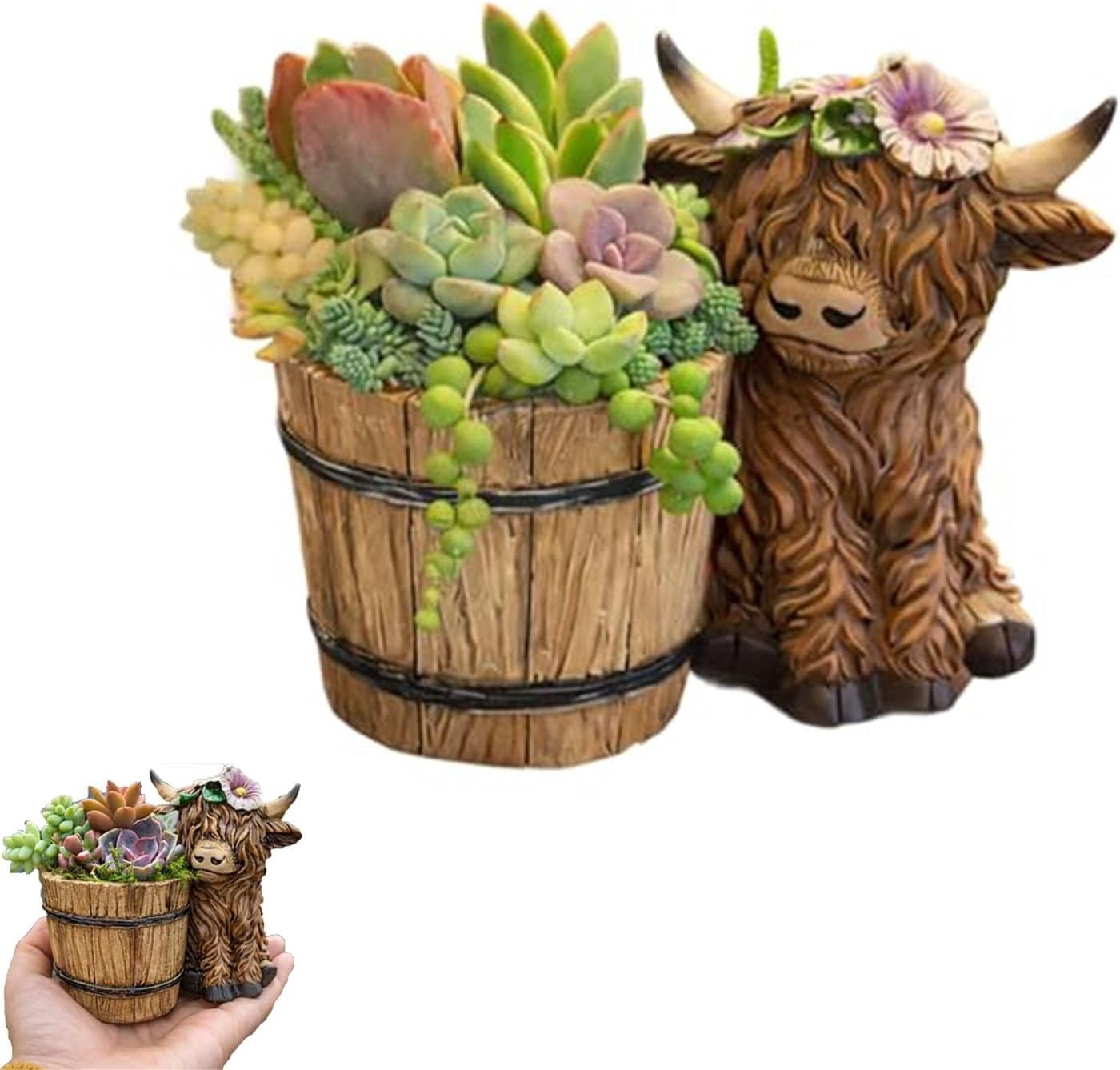 Highland Cow Succulent Planter Pot with Drainage Hole, Cute Resin Wooden Barrel Plant Container for Farmhouse Decor, Gardening Gift for Animal Lovers (1 or 2 Pack)