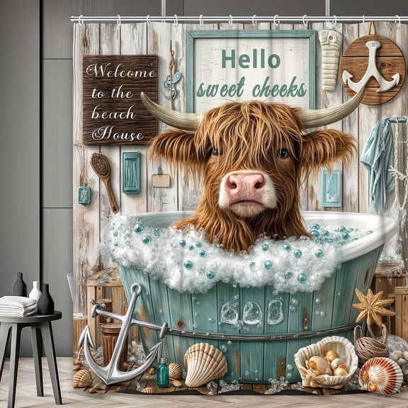 Highland Cow Summer Shower Curtain, Funny Cute Cattle Ocean Starfish Teal Turquoise Bathtub Curtain, Rustic Farmhouse Wooden Bathroom Decor Sea Beach Bathroom Accessories with Hooks, 72X72in