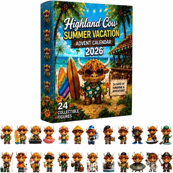 Highland Cow Summer Vacation Advent Calendar 2026, Complete Collectible Figure Blind Box Kit With Built-In LED Lightbox, Fun Night Table Game Prop For Family And Friend Holiday Leisure