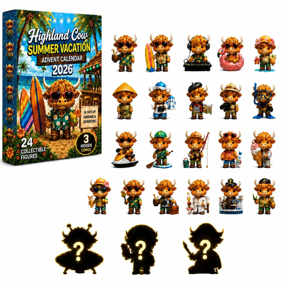Highland Cow Summer Vacation Halloween Blind Box Advent Calendar – 24 Days of Surprises, Collectible Mini Figurines, Countdown to Halloween