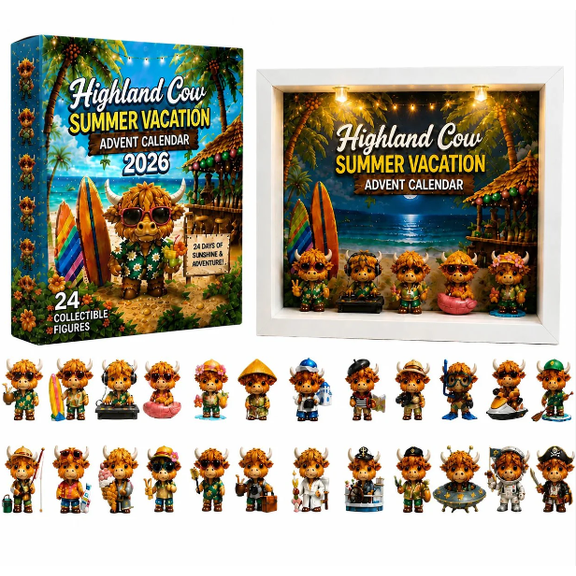 Highland Cow Summer Vacation Halloween Blind Box Advent Calendar, Mini Figurines Halloween Home Decor Set