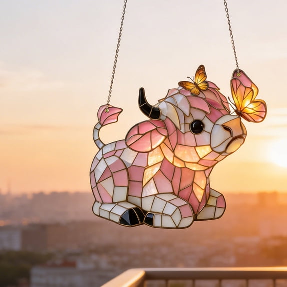 Highland Cow Suncatcher with Butterfly, Acrylic Stained Glass Style Window Hanging, Cute Farm Animal Ornament for Farmhouse Decor, Gifts for Cow Lovers(A)