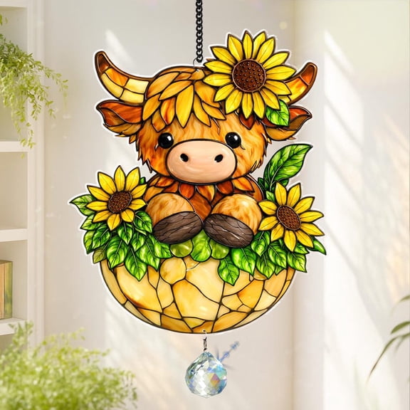 Highland Cow Suncatcher,Cute Sunflower Cow Suncatcher in Basket,Cow Window Hanging,Farmhouse Animal Decor Gift, Cottagecore & Cow Lovers