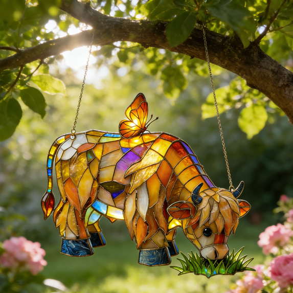 Highland Cow Suncatcher Ornament for Window Decor, Stained Glass Style Farm Animal Decor, Decorative Hanging Ornaments, 2D Flat Suncatchers for Home Garden Decorations
