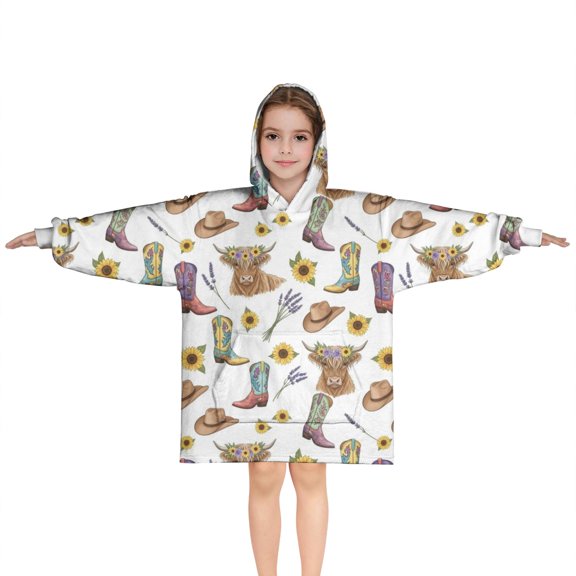 Highland Cow Sunflower Boot Hat Pattern Blanket Hoodies for Kids 6-13YR Oversize Wearable Blanket Hoodies for Boys Girls Teens