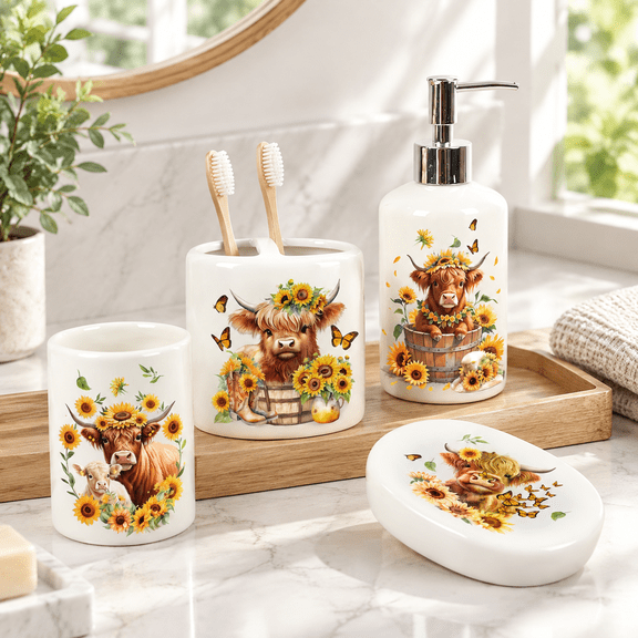 Highland Cow Sunflower Ceramic 4-Piece Bathroom Accessory Set