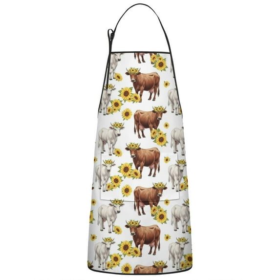 Highland Cow Sunflower Cow Pattern Apron-Garden Aprons for Women with Pockets-Cotton Linen Waterproof Kitchen Cooking Gardening Aprons Adjustable for Kitchen,Cooking,BBQ and Salon 33x27 Inch