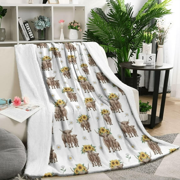 Highland Cow Sunflower Daisy Pattern Blanket,Comfortable Soft Flannel Throw Blanket,All Season,Warm Lightweight Blankets for Sofa Bed Couch Living Room Chair,50"x60"