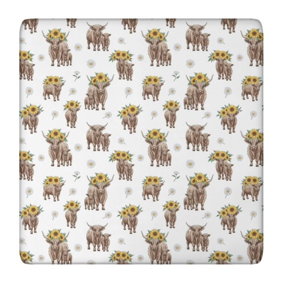 Highland Cow Sunflower Daisy Pattern Square Fitted Tablecloth with Elastic Edge,Square Table Cover,Washable Elastic Table Cover for Home Kitchen Party Decor 36"x36"