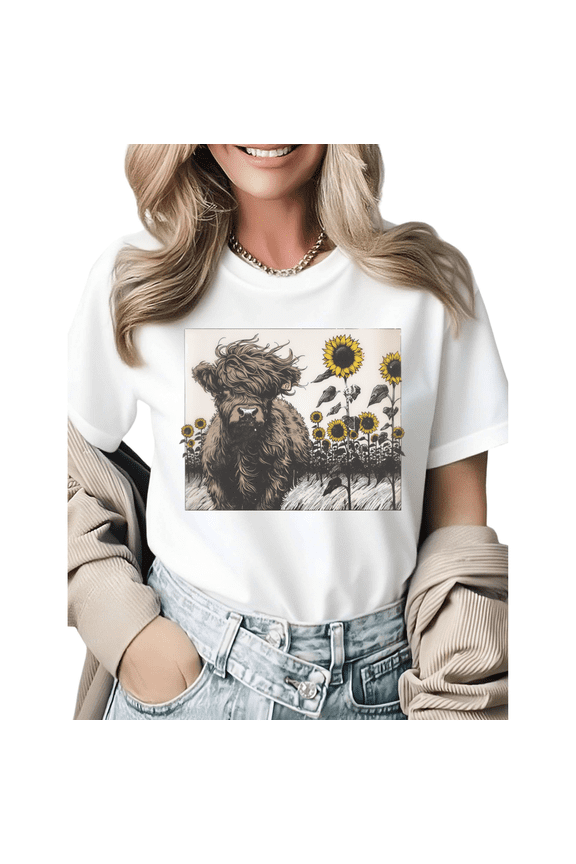 Highland Cow Sunflower Field Graphic Tees Womans T-shirt Black/White S-5XL Shirts Farmhouse Floral Tops