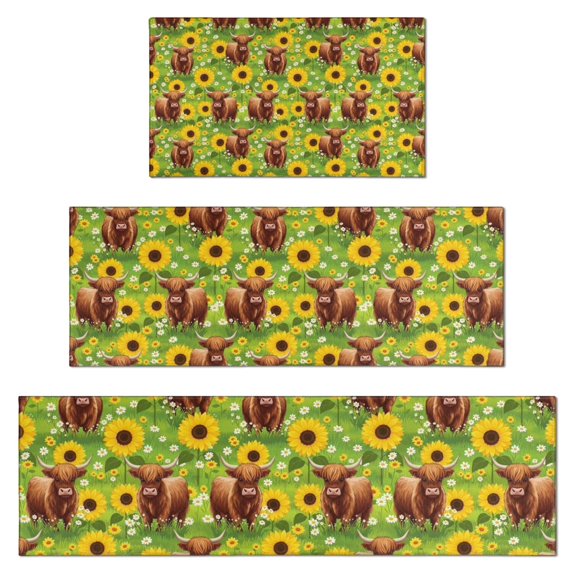 Highland Cow Sunflower Field Pattern Kitchen Rugs Sets Of 3,Kitchen Runner Rugs Non Skid Washable,Decorative Kitchen Floor Mats for Kitchen,Sink,Laundry,17"x30"+ 17"x47" + 17"x59"