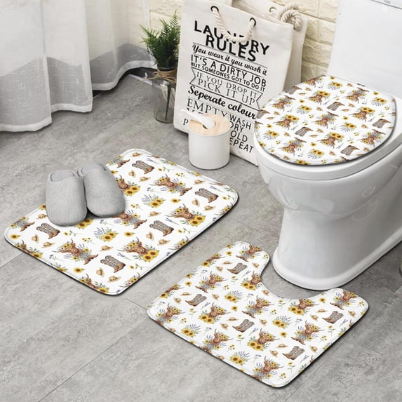 Highland Cow Sunflower Hat Boot Pattern Bathroom Rugs Sets 3 Piece,Toilet Cover Set,Absorbent Non Slip Bathroom Mats Sets with U-Shaped Contour Rug Toilet Rug Set