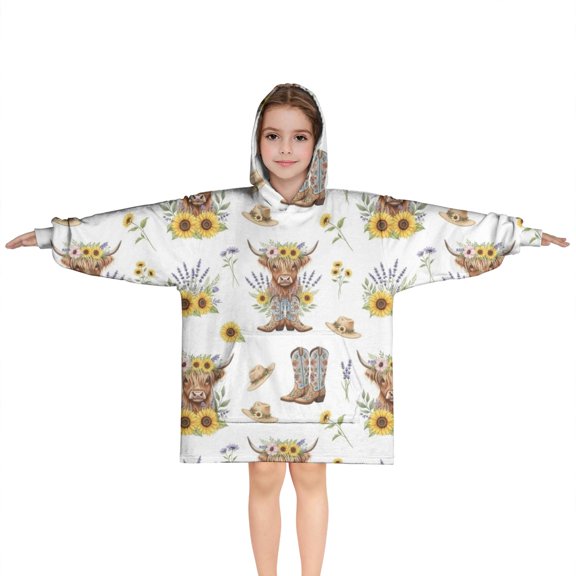 Highland Cow Sunflower Hat Boot Pattern Blanket Hoodies for Kids 6-13YR Oversize Wearable Blanket Hoodies for Boys Girls Teens