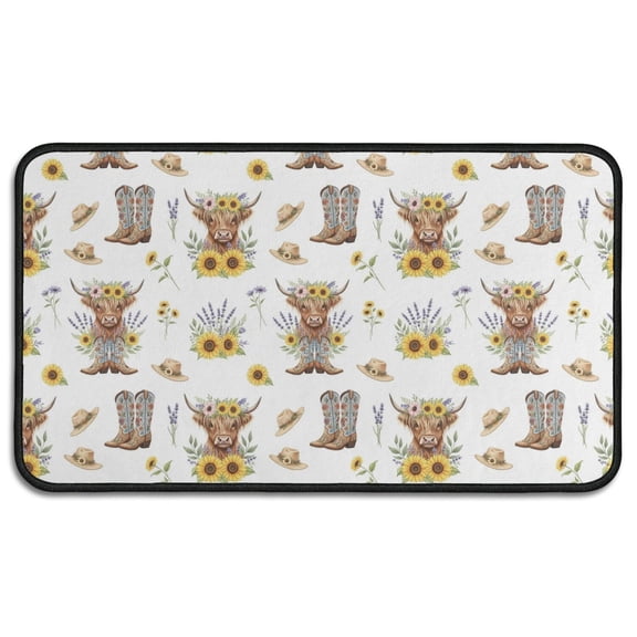 Highland Cow Sunflower Hat Boot Pattern Door Rugs,Washable Non Slip Door Mats Indoor,Decorative Door Mats,Entry Mat Indoor for Entrance,Bedroom,Kitchen,Bathroom,30"x17"