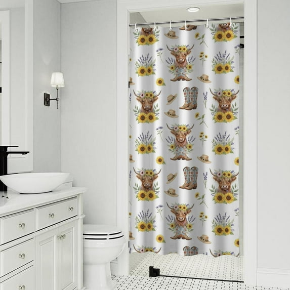 Highland Cow Sunflower Hat Boot Pattern Shower Curtain 36"x72" ,Bathroom Decorative Shower Curtains Set with 12 Hooks,Modern Waterproof Washable Shower Curtain