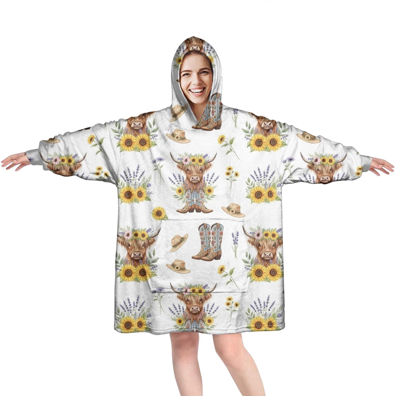 Highland Cow Sunflower Hat Boot Pattern Wearable Oversized Blanket,Wearable Blanket Hoodie for Adults,Cozy Hooded Blankets with Super Pockets,Super Warm Fuzzy Pullover for Women & Men