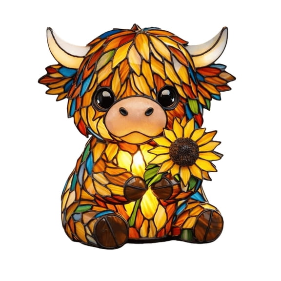 Highland Cow Sunflower LED Night Light – 13cm Stained Glass Style Resin Table Lamp, Table Decor for Bedroom, Office Bookshelf