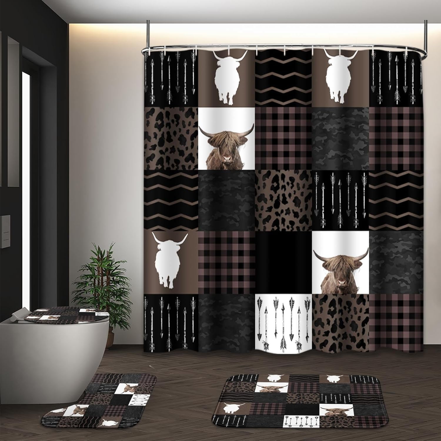 Highland Cow Sunflower Leopard Vintage Shower Curtain Sets with Toilet Lid Cover and Non-Slip Rugs, 4 Pcs Shower Curtain with 12 Hooks, Farmhouse Bathroom Set with Rugs and Accessories