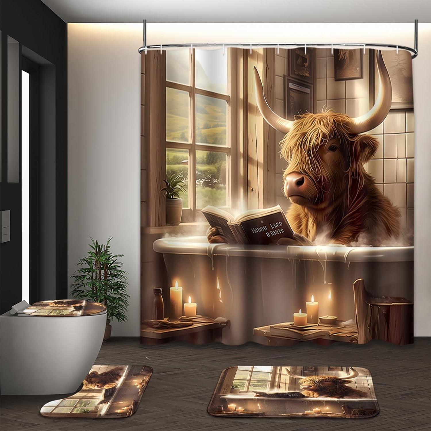 Highland Cow Sunflower Leopard Vintage Shower Curtain Sets with Toilet Lid Cover and Non-Slip Rugs, 4 Pcs Shower Curtain with 12 Hooks, Farmhouse Bathroom Set with Rugs and Accessories