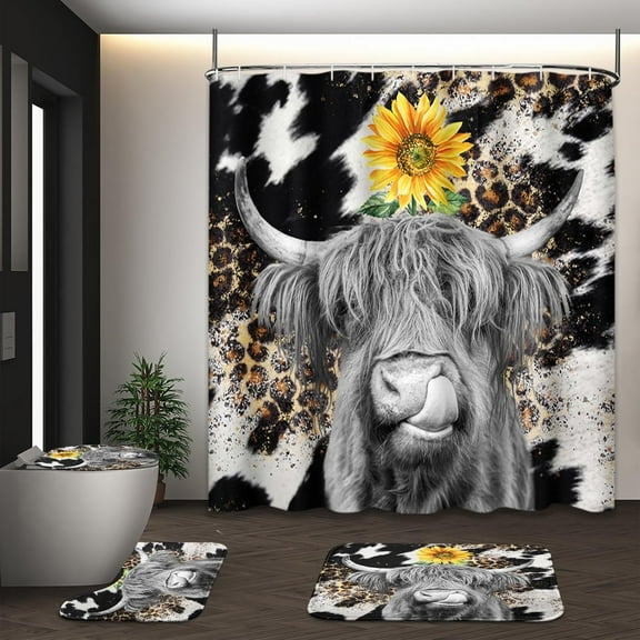Highland Cow Sunflower Leopard Vintage Shower Curtain Sets with Toilet Lid Cover and Non-Slip Rugs, 4 Pcs Shower Curtain with 12 Hooks, Farmhouse Bathroom Set with Rugs and Accessories