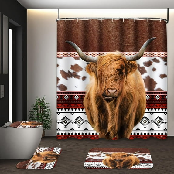 Highland Cow Sunflower Leopard Vintage Shower Curtain Sets with Toilet Lid Cover and Non-Slip Rugs, 4 Pcs Shower Curtain with 12 Hooks, Farmhouse Bathroom Set with Rugs and Accessories