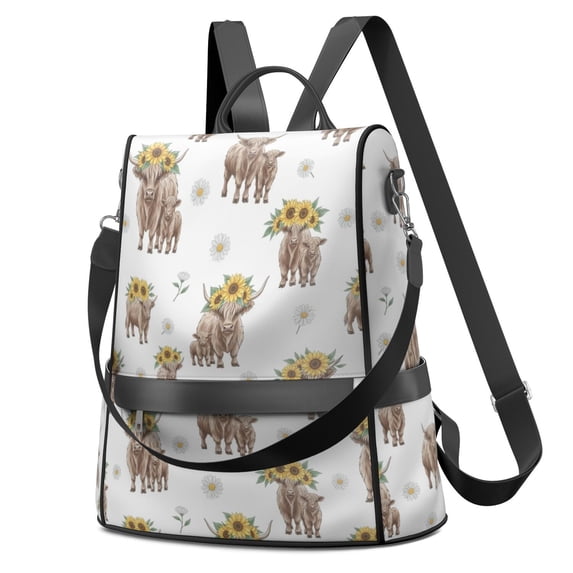 Highland Cow and Sunflower Print Fashion Backpack, Work Travel Rucksack ...