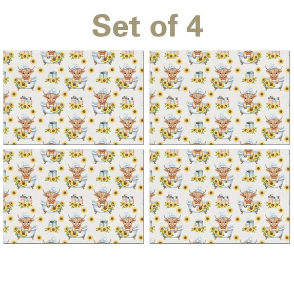 Cow Db Highland Cow and Sunflower Print Linen-look Placemats Set Of 4 ...