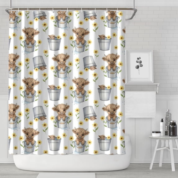 Highland Cow and Sunflower Print Waterproof Shower Curtain, Opaque ...