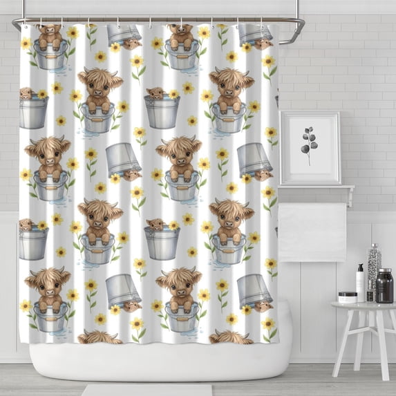 Highland Cow and Sunflower Print Waterproof Shower Curtain, Shower ...