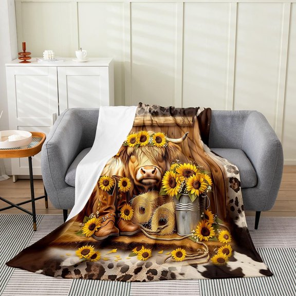 Highland Cow Sunflower Throw Blanket Rustic Farmhouse Cute Animal Soft Flannel Fleece Blanket for Bed Couch Sofa