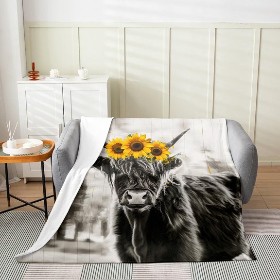 Highland Cow Sunflower Throw Blanket for Bed Sofa Couch Plush Fuzzy Sherpa Fleece Blanket