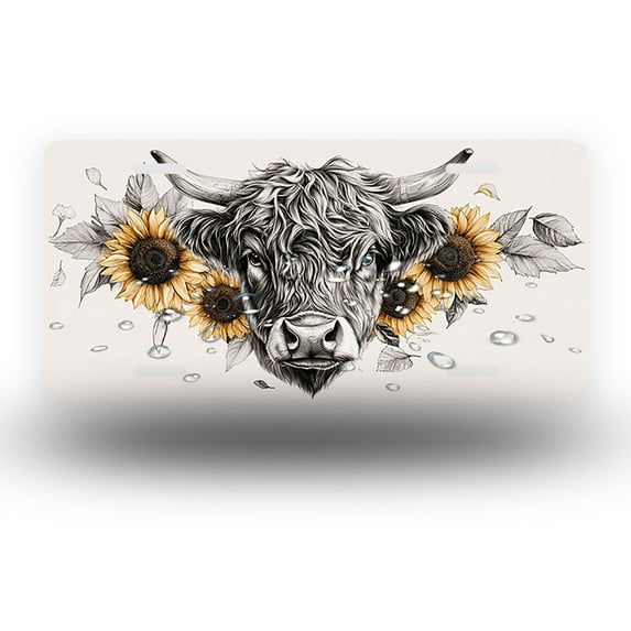 Highland Cow with Sunflowers and Leaves Front License Plate,Metal License Plate,Funny Standard Plates Personalized Novelty Decorative For Men/Women/Boys/Girls Car 6×12 Inch