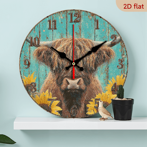 Highland Cow Sunflowers on Teal Wooden Wall Clock Battery Operated Non Ticking Silent Analog Rustic Farmhouse Round Clock Retro Decor for Home Kitchen Living Room Bathroom 10Inch