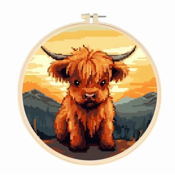 Highland Cow under Sunset Easy Cross Stitch Kits for Starter Kits DIY 11CT Pre-printed Stamped Patterns Embroidery Cross Stitching Needlework Kit Set Supplies with Hoop 35x35cm (a28)