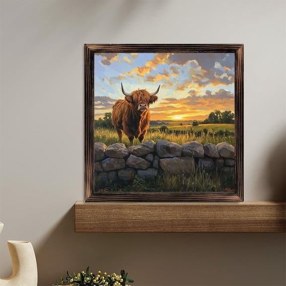 Highland Cow Sunset Field Stone Wall Wooden Sign Wall Plaque - Vintage Art Decoration, Wall Decoration - Ideal Gift For Home Decoration, Living Room, Bathroom, Bedroom, Garden, Dining, Bar, Cafe, F