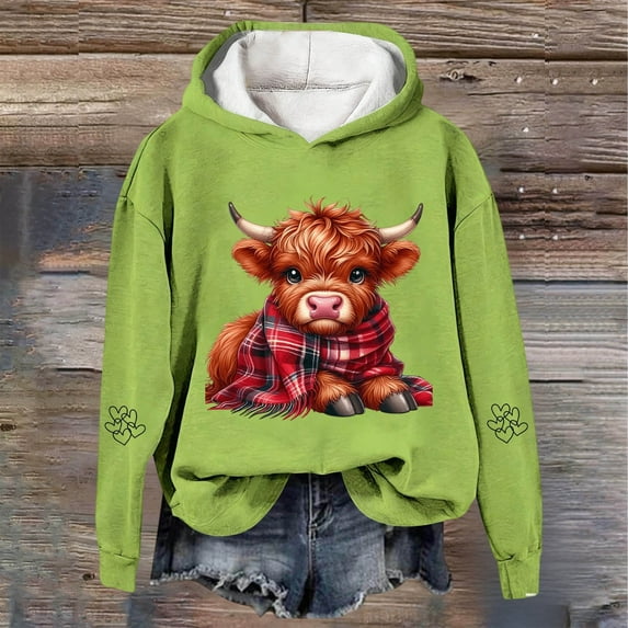 Highland Cow Sweatshirt for Women Teen Girl Cute Graphic Pullover Tops (Light Green XXXL)