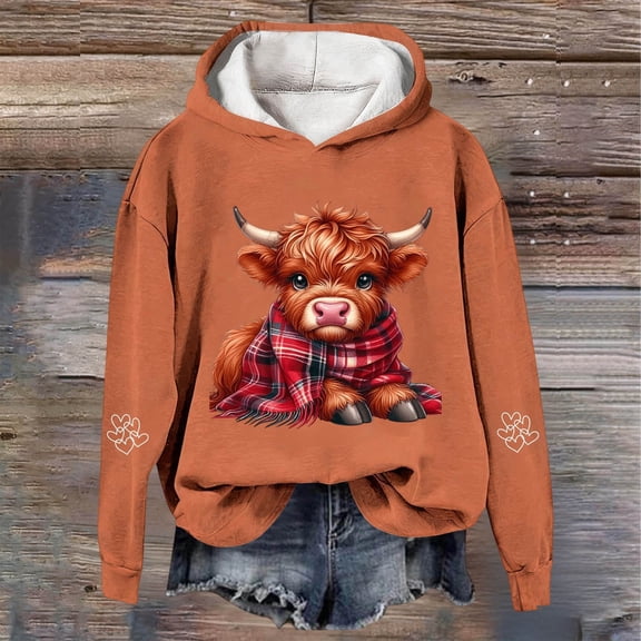 Highland Cow Sweatshirt for Women Teen Girl Cute Graphic Pullover Tops (Orange M)