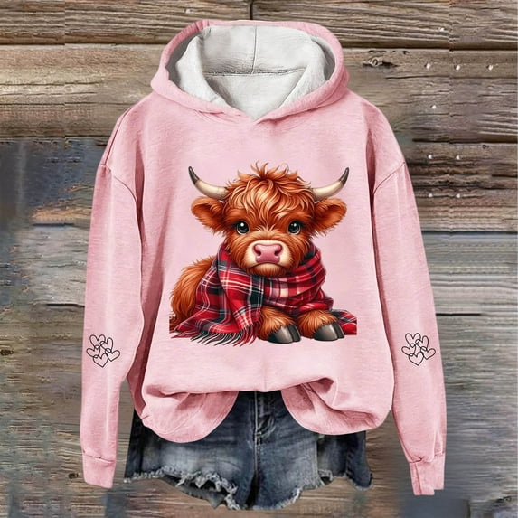 Highland Cow Sweatshirt for Women Teen Girl Cute Graphic Pullover Tops (Pink L)