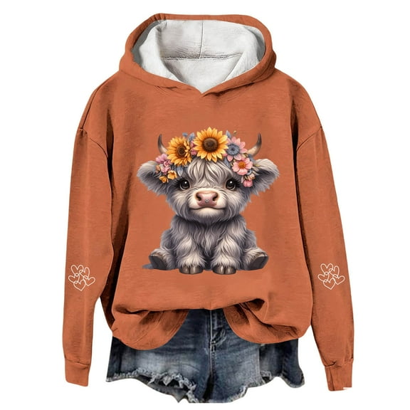 Highland Cow Sweatshirts for Women Cute Loose Hoodies Highland Cow Print Sweatshirt Color: Orange Size: XXXL