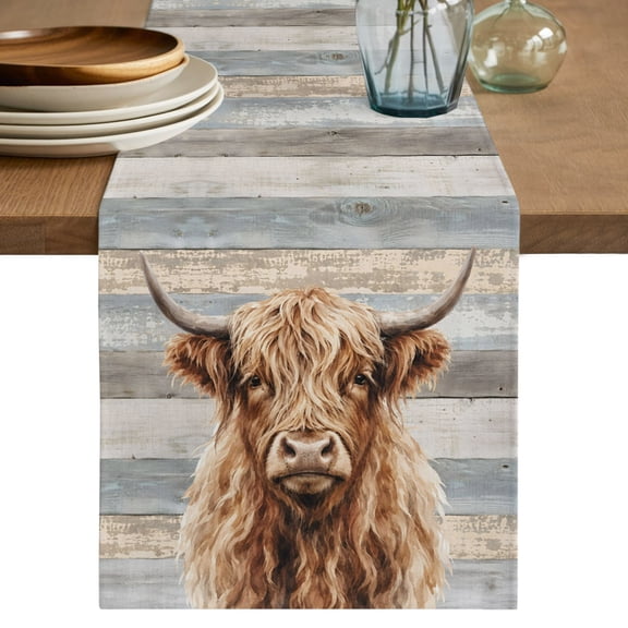 Highland Cow Table Runner, Farm Country Animal Pattern Shabby Chic Gray Wood Grain Cotton Linen Table Cloth, Tablerunner for Kitchen Dining Party Wedding Home Decor 13x36 Inch