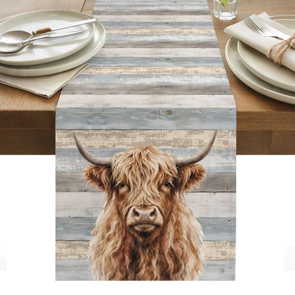 Highland Cow Table Runner, Farm Country Animal Pattern Shabby Chic Gray Wood Grain Washable Kitchen Table Runners for Dining Table Decorations Party/Restaurant/Indoor Outdoor Use, 13x36in